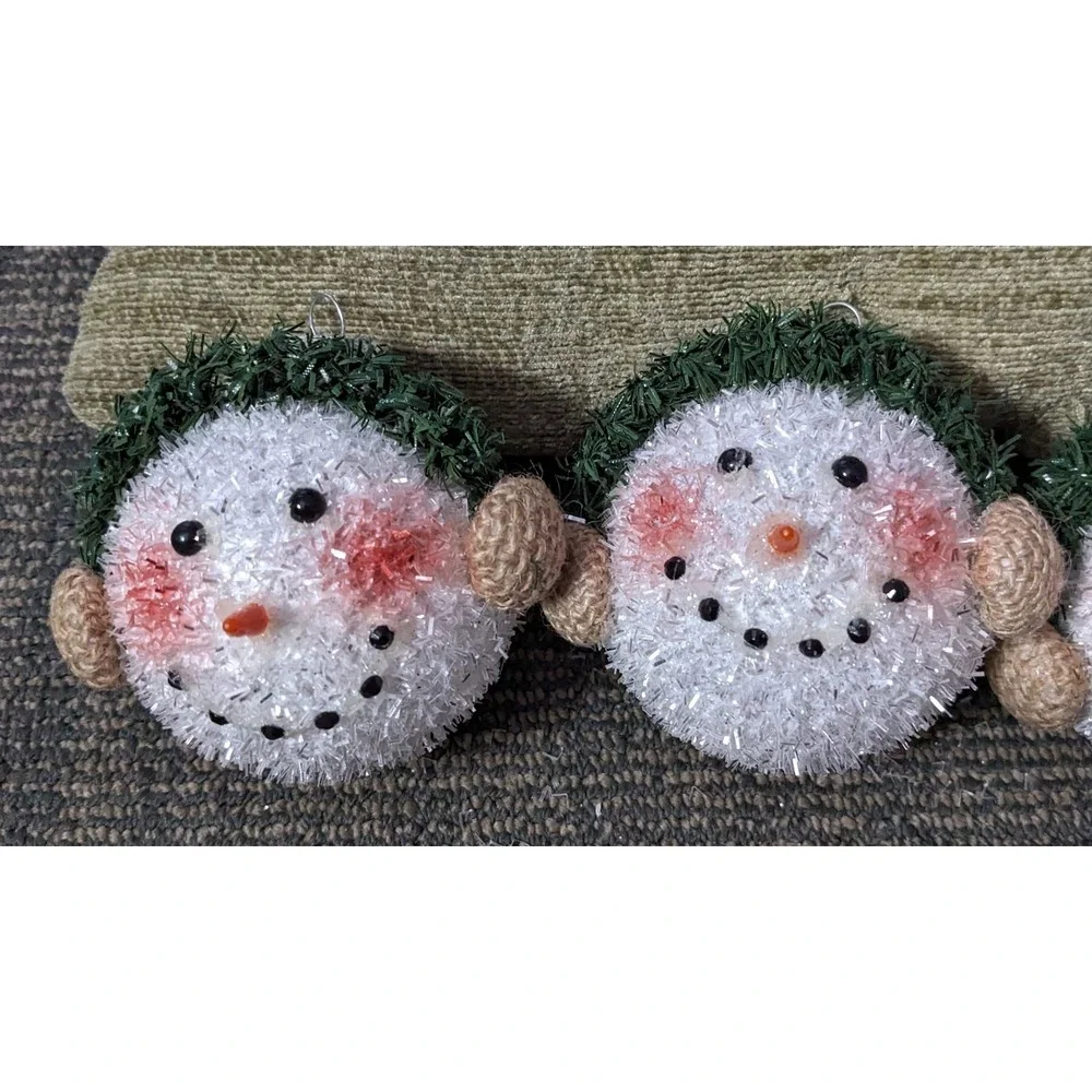 Snowman Head‎ Christmas Ornaments  Set Of 4 Fuzzy Glitter G&B Holiday Decor